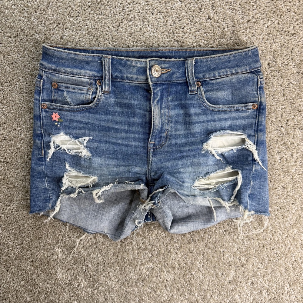 American Eagle Denim Shorts Womens 4 Blue Midi Cutoff Distressed Stretch Raw Hem